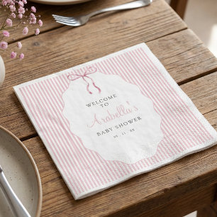 Sweet Pinstriped Pink Bow Baby Shower Welcome Napkins
