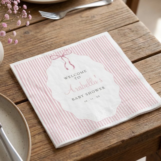 Sweet Pinstriped Pink Bow Baby Shower Welcome Napkins (Creator Uploaded)