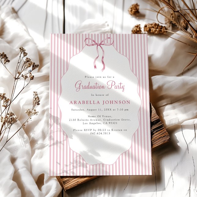 Sweet Pinstriped Pink Bow Graduation Invitation (Creator Uploaded)