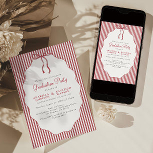 Sweet Pinstriped Red Bow Joint Graduation Invitation