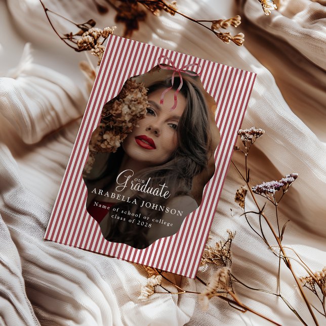 Sweet Pinstriped Red Bow Photo Graduation Announcement (Creator Uploaded)