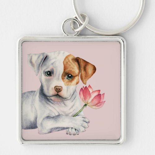 Sweet Pit Bull Dog Holding Pink Flower Painting Keychain