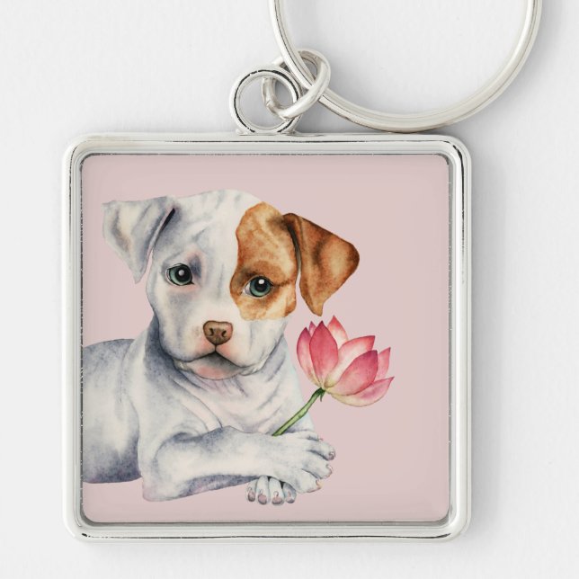 Sweet Pit Bull Dog Holding Pink Flower Painting Keychain (Front)