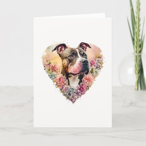 Sweet Pit Bull Dog in Heart Wreath Valentines Day Holiday Card