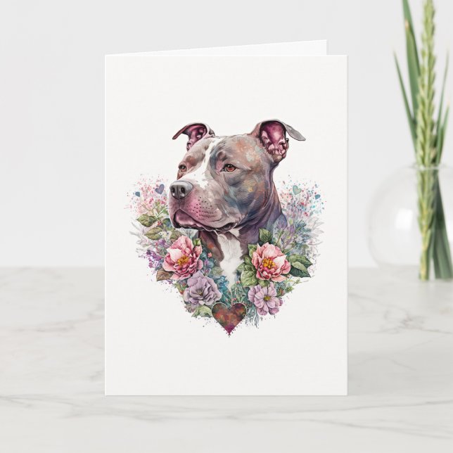 Sweet Pit Bull Dog with Flowers Valentine's Day Holiday Card (Front)