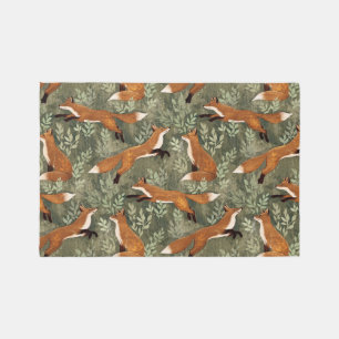 Sweet Playful Foxes in Rust Brown on Olive Green Rug