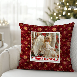 Sweet Poinsettia Angel Christmas Pillow Gift