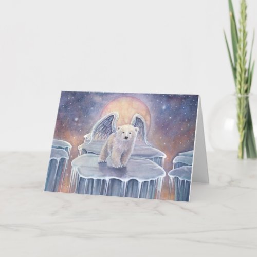Sweet Polar Bear Cub Angel Wildlife Fantasy Art Holiday Card