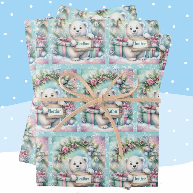 Sweet Polar Bear Personalize Name Christmas 3 Wrapping Paper Sheets (Creator Uploaded)