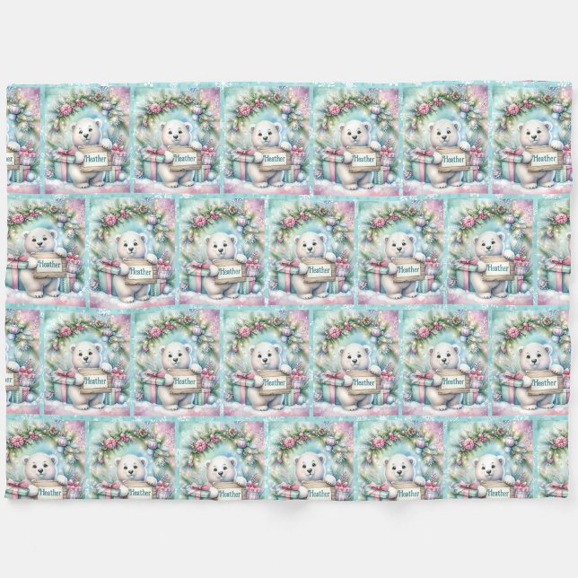 Sweet Polar Bear Personalize Name Christmas  Fleece Blanket (Creator Uploaded)