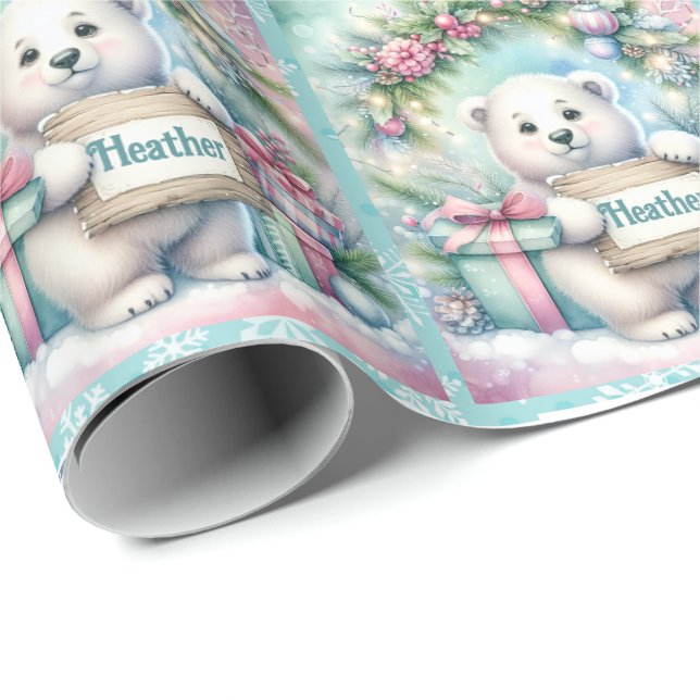 Sweet Polar Bear Personalize Name Christmas Roll  Wrapping Paper (Roll Corner)