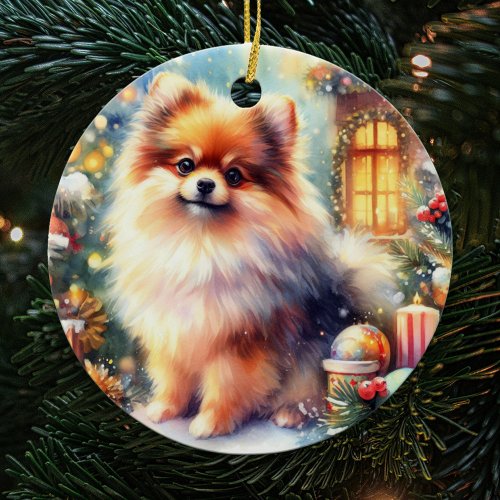 Sweet Pomeranian Dog Watercolor Christmas Ceramic Ornament