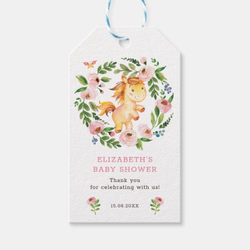 Sweet Pony Baby Horse Pink Floral Greenery Shower Gift Tags