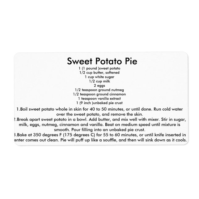 Sweet Potato Pie Recipe Label (Front)