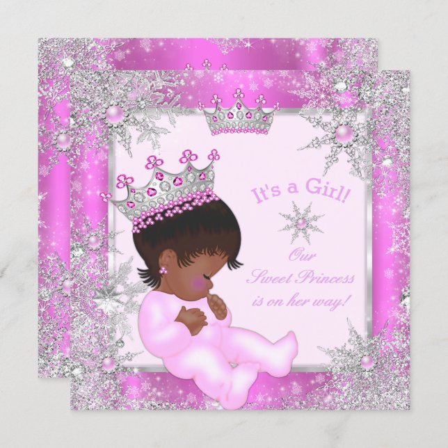 Sweet Princess Baby Shower Snowflake Pink Ethnic Invitation (Front/Back)