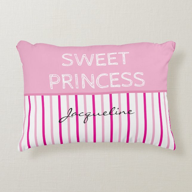 Sweet Princess Pink White Stripes Name Accent Pillow (Front)