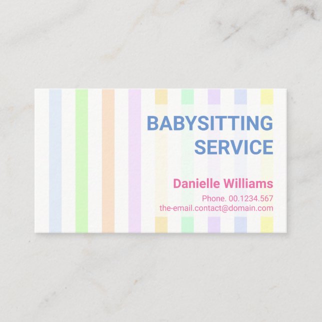 Sweet Professional Pastel Stripes Babysitting Business Card (Front)