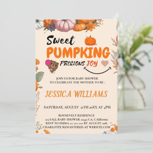 Sweet Pumpkin Autumn Fall Floral Baby Shower  Invitation