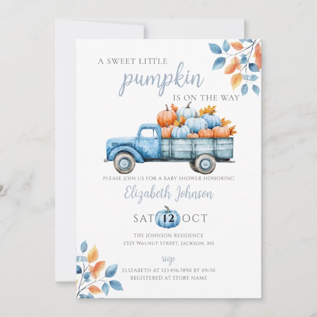 Sweet Pumpkin Blue Baby Shower Photo QR Code Invitation (Front)