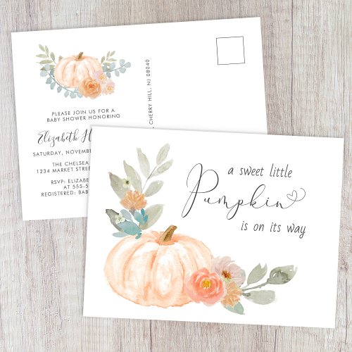 Sweet Pumpkin Watercolor Baby Shower Invitation Postcard