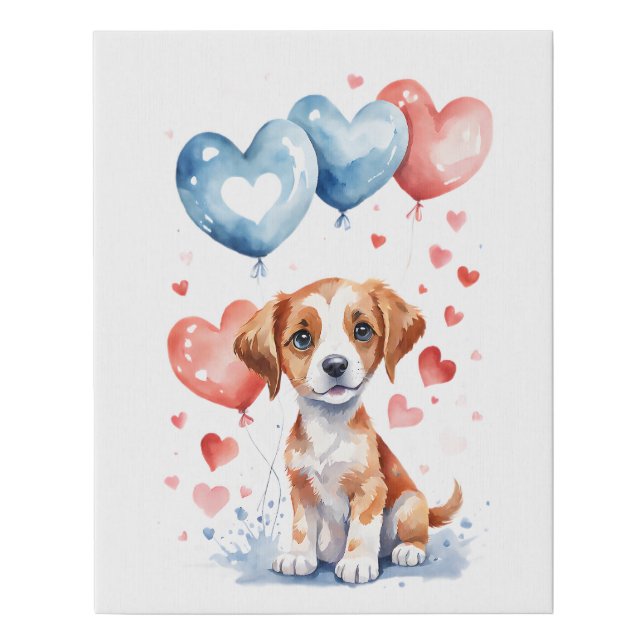 Sweet Puppy and Balloons Faux Wrapped Canvas Print (Front)