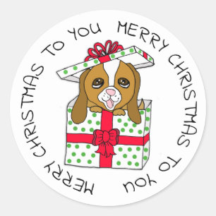 Sweet Puppy Dog in Christmas Gift Box with Bow Classic Round Sticker