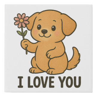 Sweet Puppy Holding Flower – I LOVE YOU Cute Dog A Faux Canvas Print