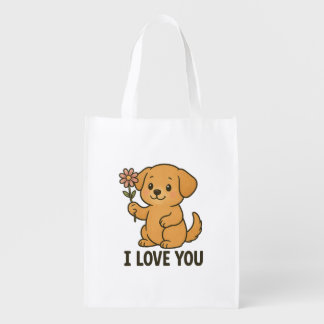 Sweet Puppy Holding Flower – I LOVE YOU Cute Dog A Grocery Bag