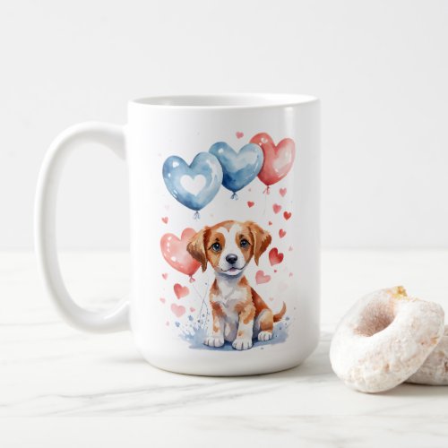 Sweet Puppy with Blue Red Heart_Shaped Balloons  Coffee Mug