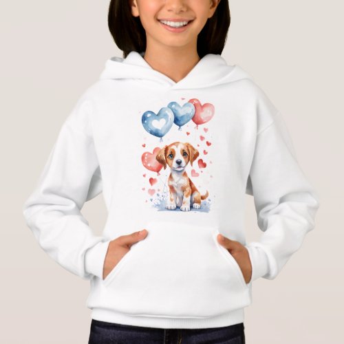 Sweet Puppy with Blue Red Heart_Shaped Balloons  Hoodie