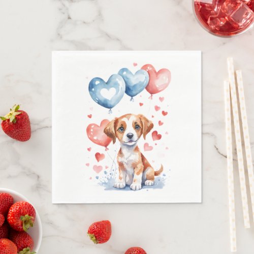 Sweet Puppy with Blue Red Heart_Shaped Balloons  Napkins