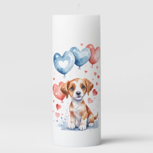Sweet Puppy with Blue Red Heart_Shaped Balloons  Pillar Candle