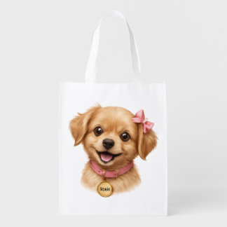 Sweet Puppy with Pink Bow Baby Bodysuit Grocery Bag