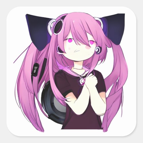 Sweet Purple and Black Anime Girl with Cat Ears Square Sticker