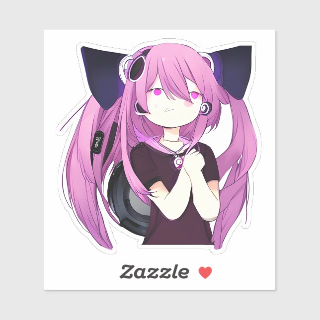 Sweet Purple and Black Anime Girl with Cat Ears Sticker (Sheet)