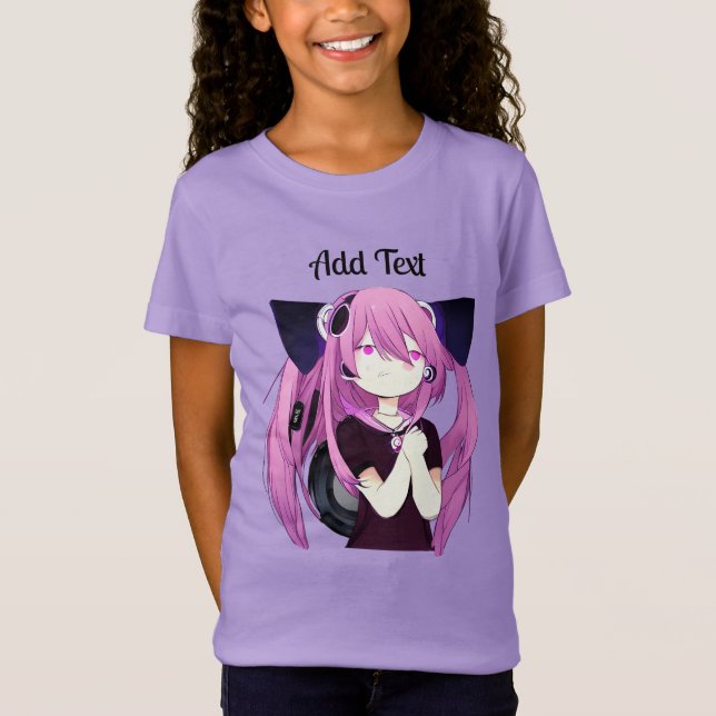 Sweet Purple and Black Anime Girl with Cat Ears T-Shirt (Front)