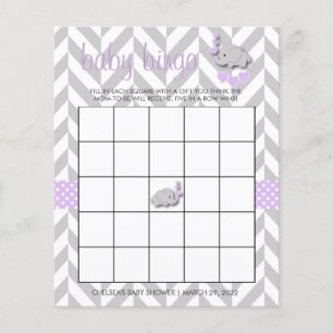 Sweet Purple and Gray Elephant Baby Shower Bingo Flyer