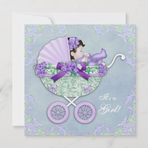 Sweet Purple and Green Baby Shower Custom Invitations