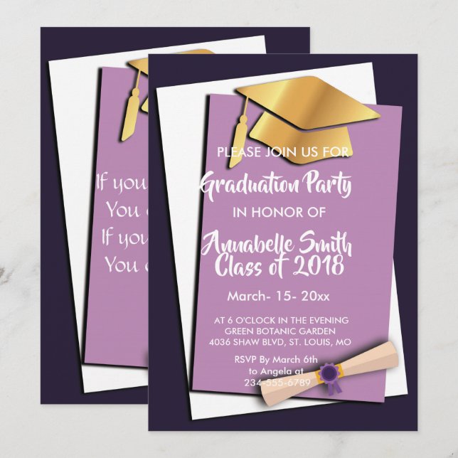 sweet Purple elegant Graduation Invitation (Front/Back)