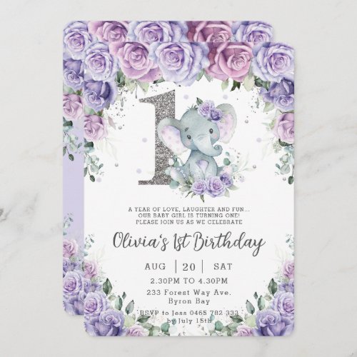 Sweet Purple Floral Adorable Elephant 1st Birthday Invitation