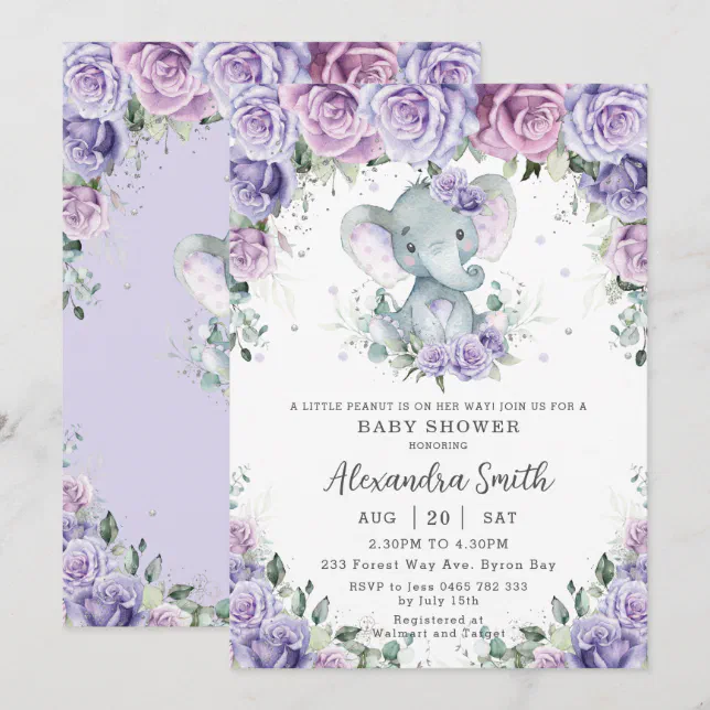 Sweet Purple Floral Adorable Elephant Baby Shower Invitation Zazzle
