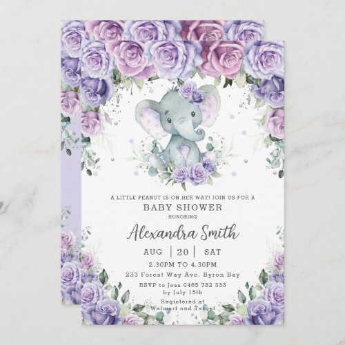 Sweet Purple Floral Adorable Elephant Baby Shower Invitation