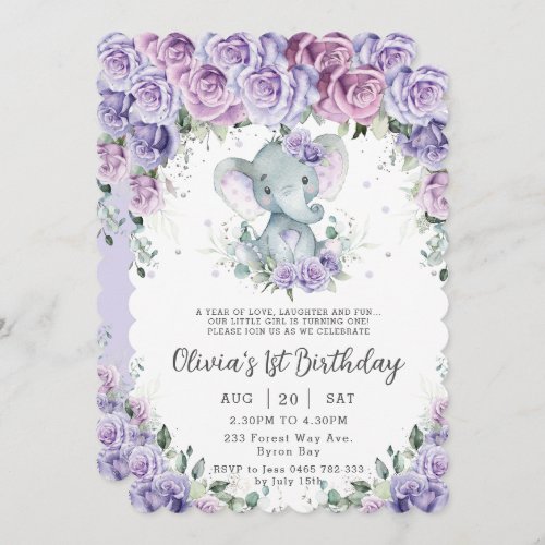 Sweet Purple Floral Adorable Elephant Birthday Invitation