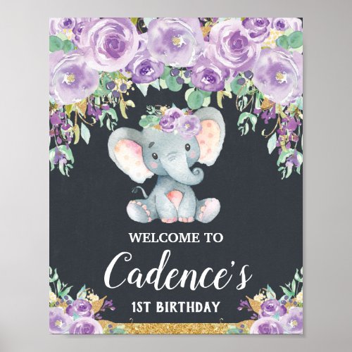 Sweet Purple Floral Elephant 1st Birthday Welcome Poster