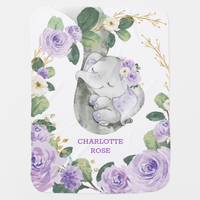 Sweet Purple Floral Sleeping Elephant Girl Nursery Baby Blanket (Front)