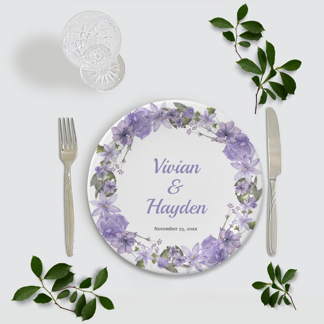 Sweet Purple Floral Wedding Paper Plates (Creator Uploaded)