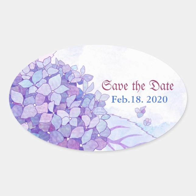 Sweet Purple Hydrangea Wedding Save the Date Oval Sticker (Front)
