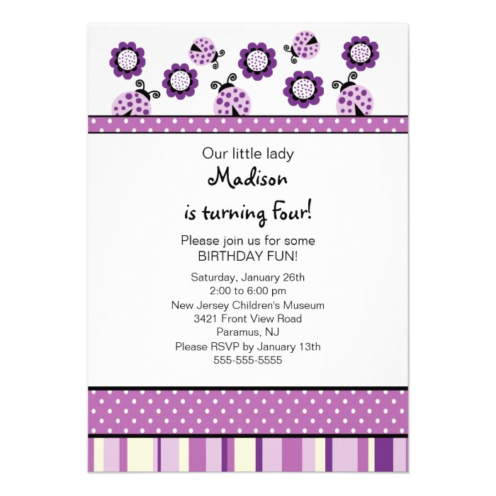 Sweet Purple Ladybugs Birthday Invitation