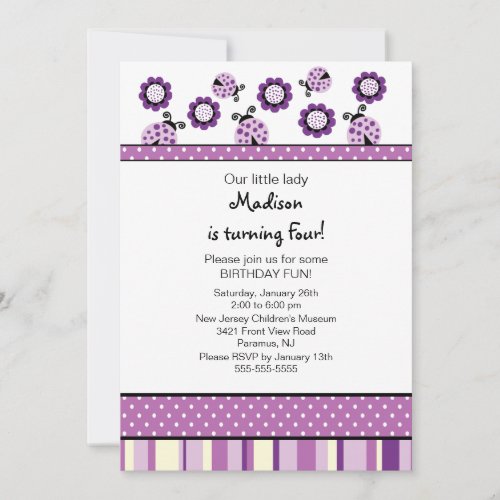 Sweet Purple Ladybugs Birthday Invitation