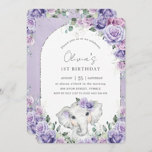 Sweet Purple Lilac Floral Elephant Birthday Party  Invitation